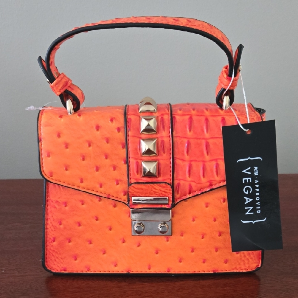 Vegan Orange Stud-Accent Top-Handle Bag